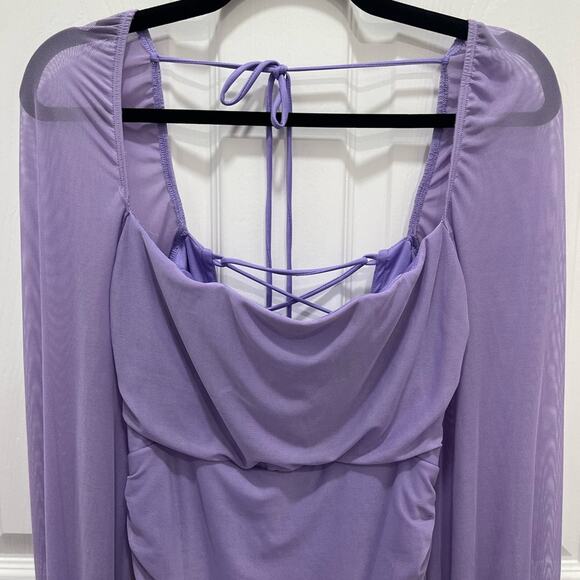Lucy in the Sky Ruched Bodycon Dress Large Power Mesh Purple Hoco Mini Cocktail - Picture 5 of 11